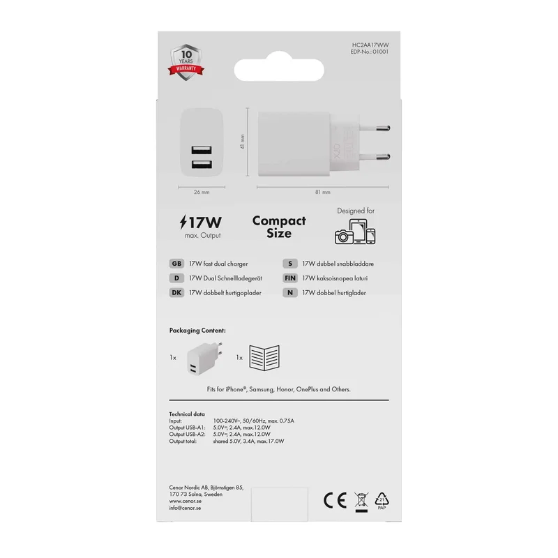 X2O 17 W dubbel hemmaladdare USB-A/A vit - 3401001