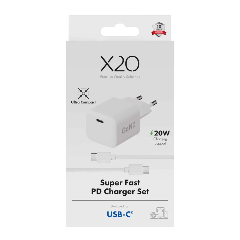 X2O 20W hemmaladdare USB-C med 1,2 m kabel GaN Vit - 3401003