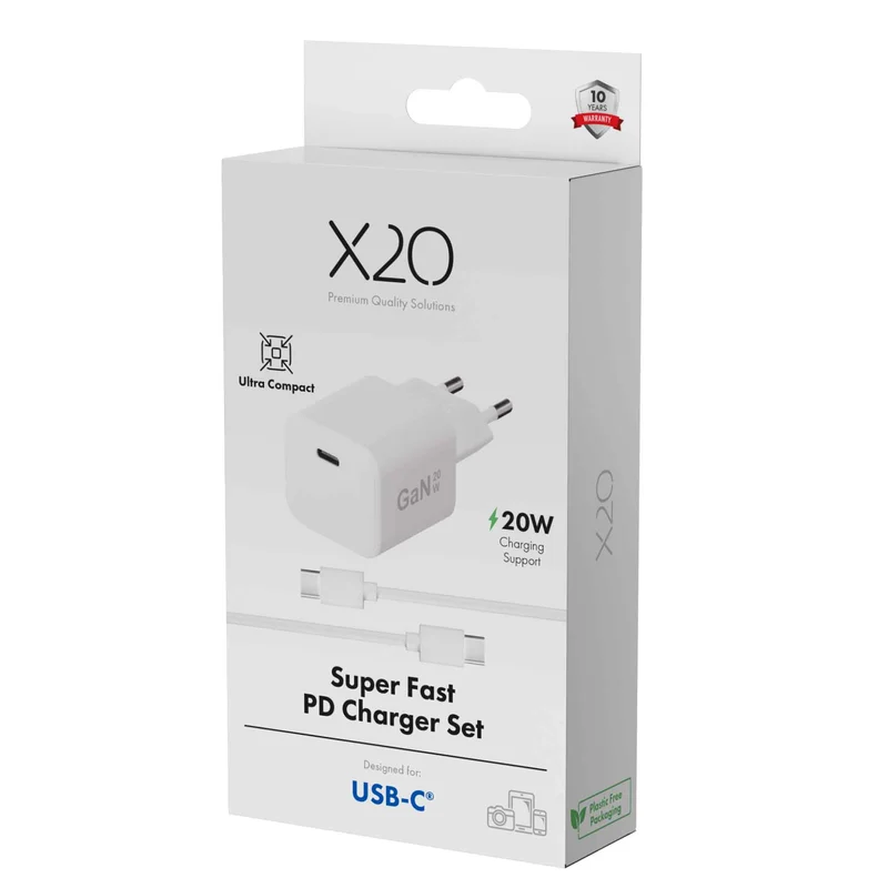 X2O 20W hemmaladdare USB-C med 1,2 m kabel GaN Vit - 3401003