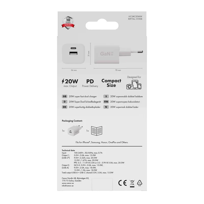 X2O 20W dubbel hemmaladdare USB-C/A GaN vit - 3401004