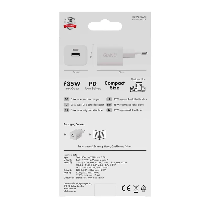 X2O 35W dubbel hemmaladdare USB-C/A GaN vit - 3401007