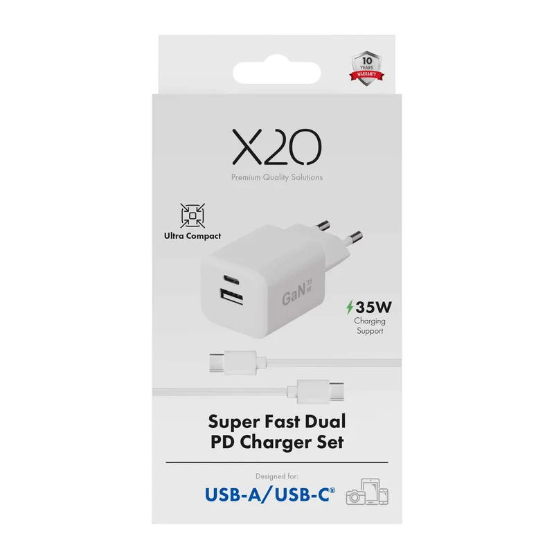 X2O 35 W dubbel hemmaladdarset USB-C/A med 1,2 m kabel GaN vit - 3401008