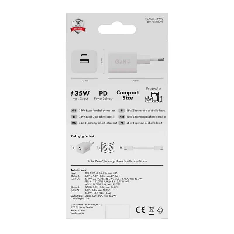 X2O 35 W dubbel hemmaladdarset USB-C/A med 1,2 m kabel GaN vit - 3401008