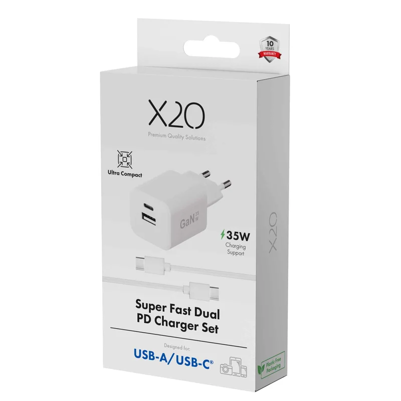 X2O 35 W dubbel hemmaladdarset USB-C/A med 1,2 m kabel GaN vit - 3401008