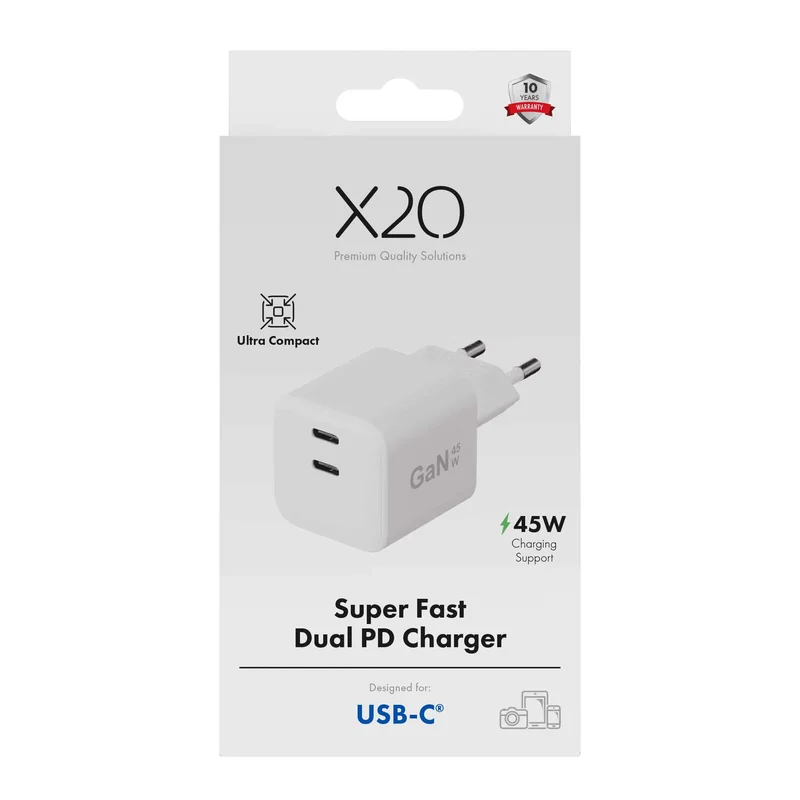 X2O 45W dubbel hemmaladdare USB-C/C GaN vit - 3401009