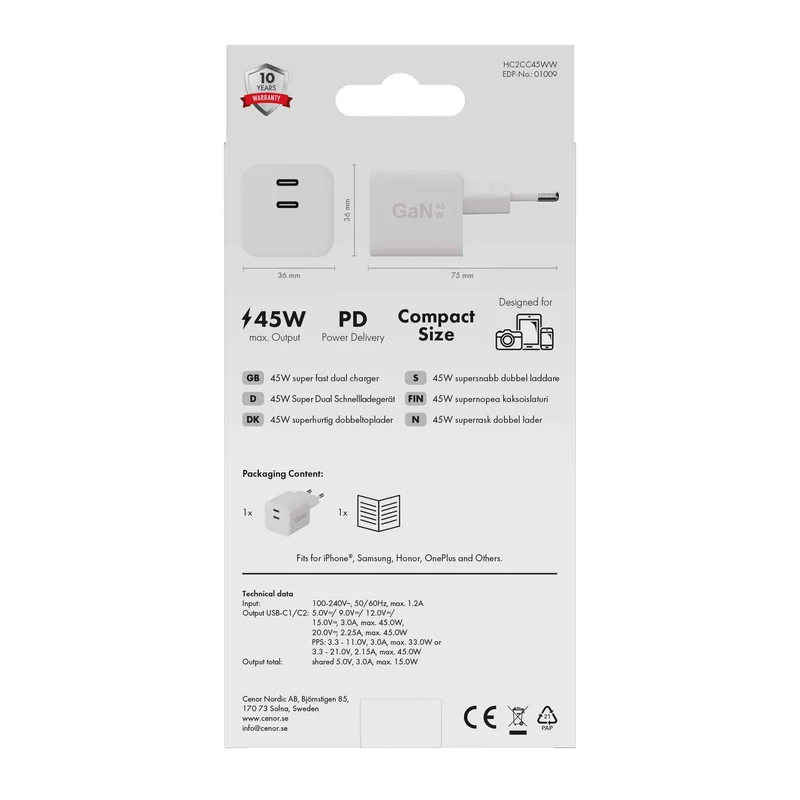 X2O 45W dubbel hemmaladdare USB-C/C GaN vit - 3401009