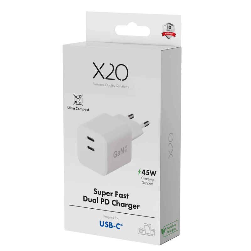 X2O 45W dubbel hemmaladdare USB-C/C GaN vit - 3401009