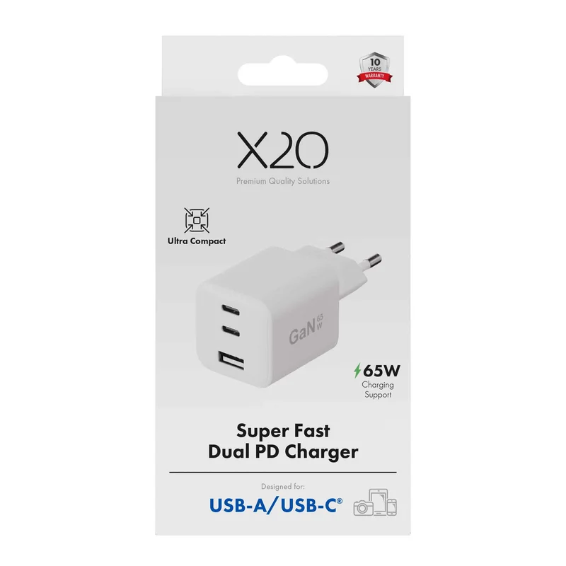 X2O 65W trippel hemmaladdare USB-C/C/A GaN vit - 3401010