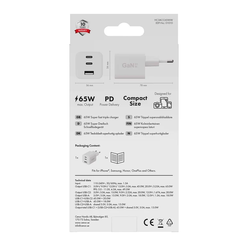 X2O 65W trippel hemmaladdare USB-C/C/A GaN vit - 3401010