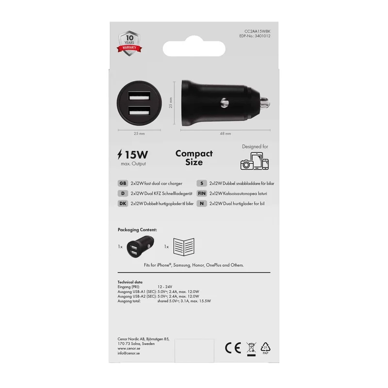 X2O 2x12W dubbel billaddare USB-A/A svart - 3401012