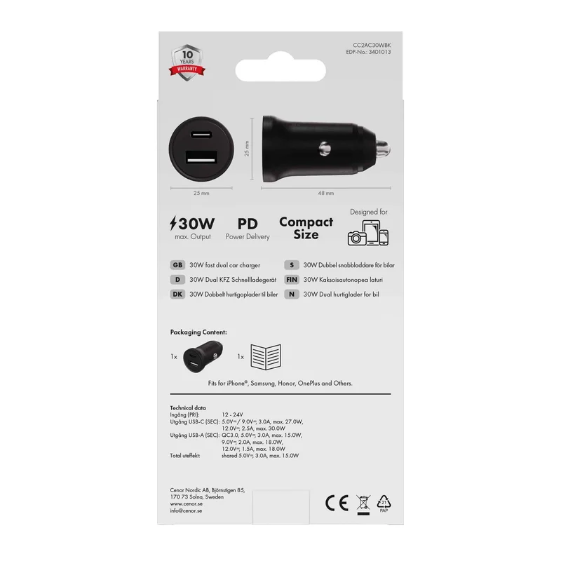 X2O 30W dubbel billaddare USB-C/A svart - 3401013