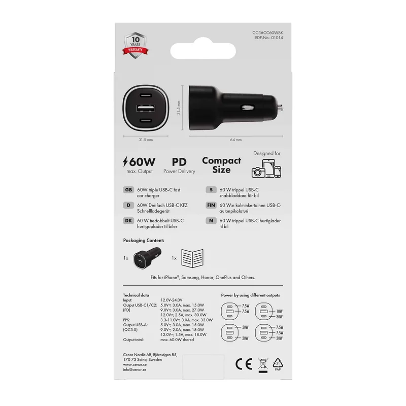 X2O 60W trippel billaddare USB-C/C/A Svart - 3401014