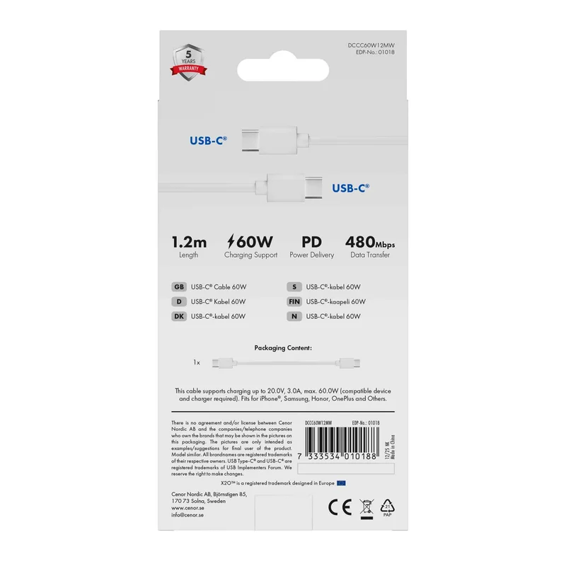 X2O Basic 60W USB-C/C-kabel 1,2 m vit - 3401018