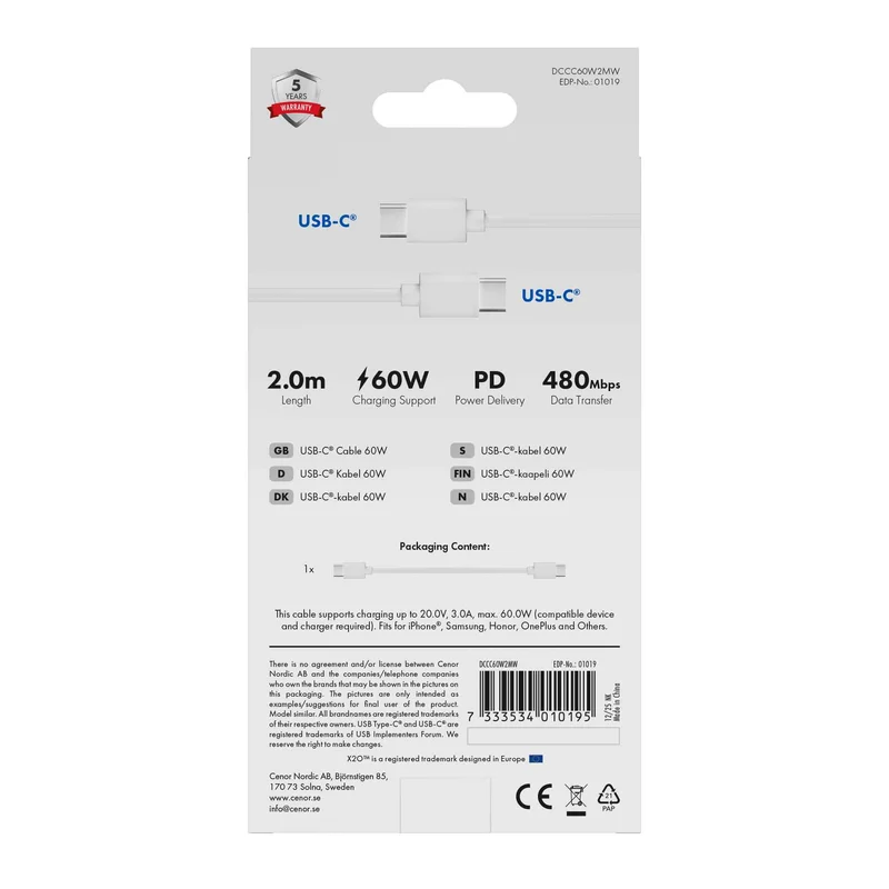 X2O Basic 60W USB-C/C-kabel 2 m vit - 3401019