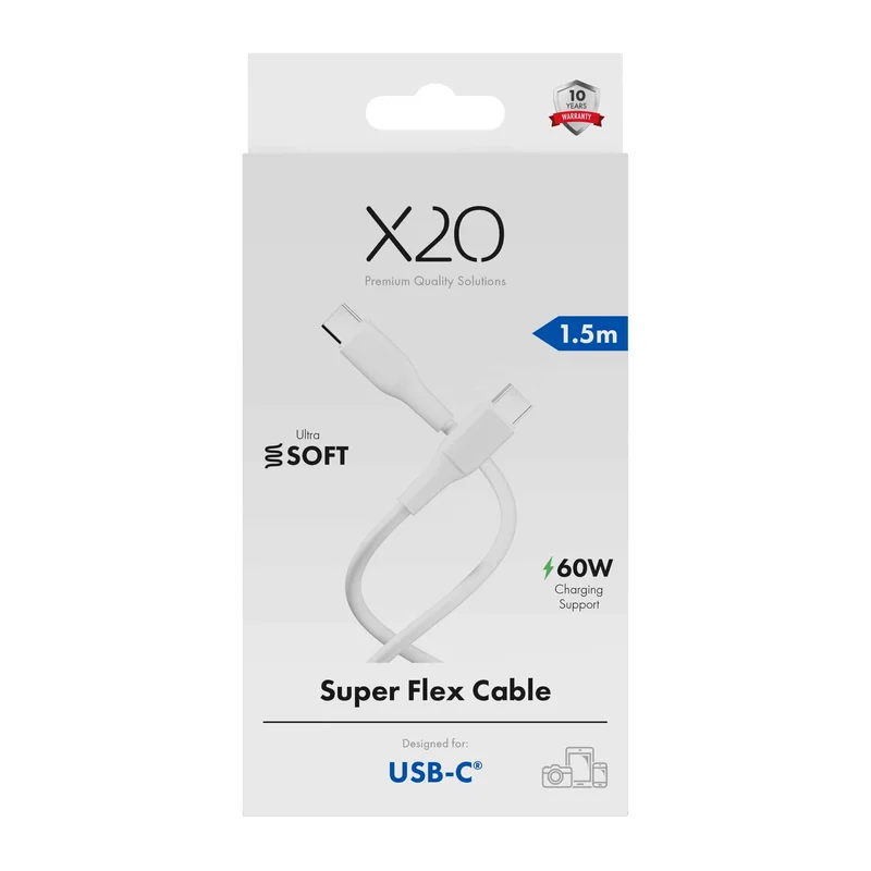 X2O SUPERFLEX 60W USB-C/C-kabel 1,5 m vit - 3401020