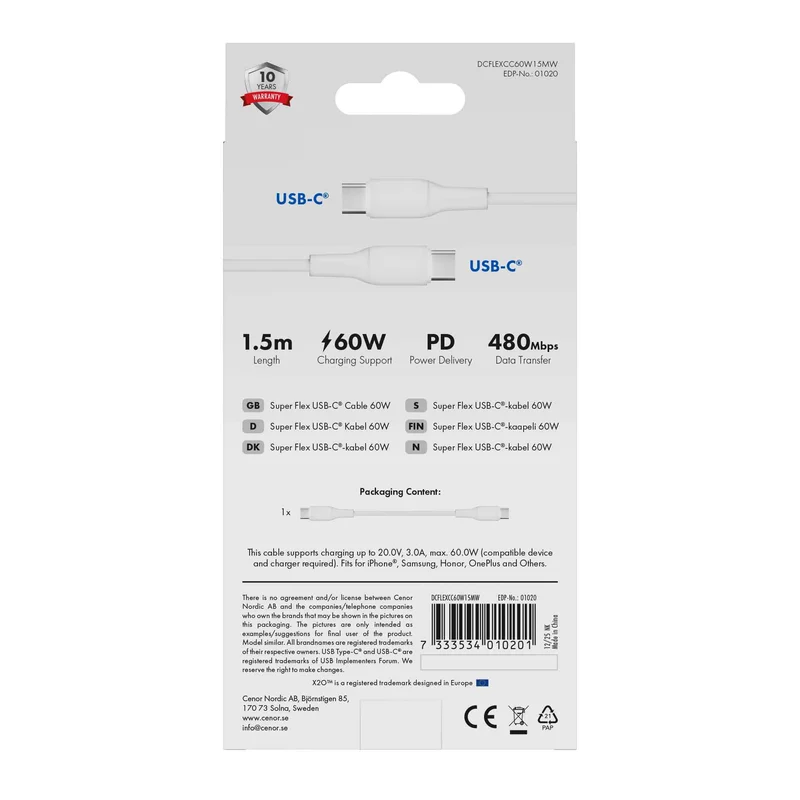 X2O SUPERFLEX 60W USB-C/C-kabel 1,5 m vit - 3401020