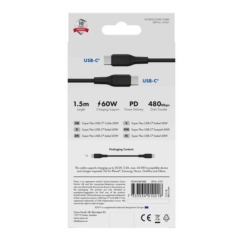 X2O SUPERFLEX 60W USB-C/C-kabel 1,5 m svart - 3401021