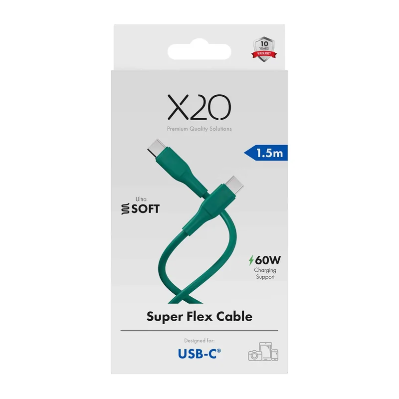 X2O SUPERFLEX 60W USB-C/C-kabel 1,5 m turkosgrön - 3401022