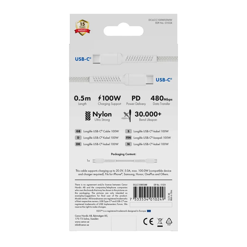 X2O Longlife 100 W USB-C/C-kabel 0,5 m vit - 3401024