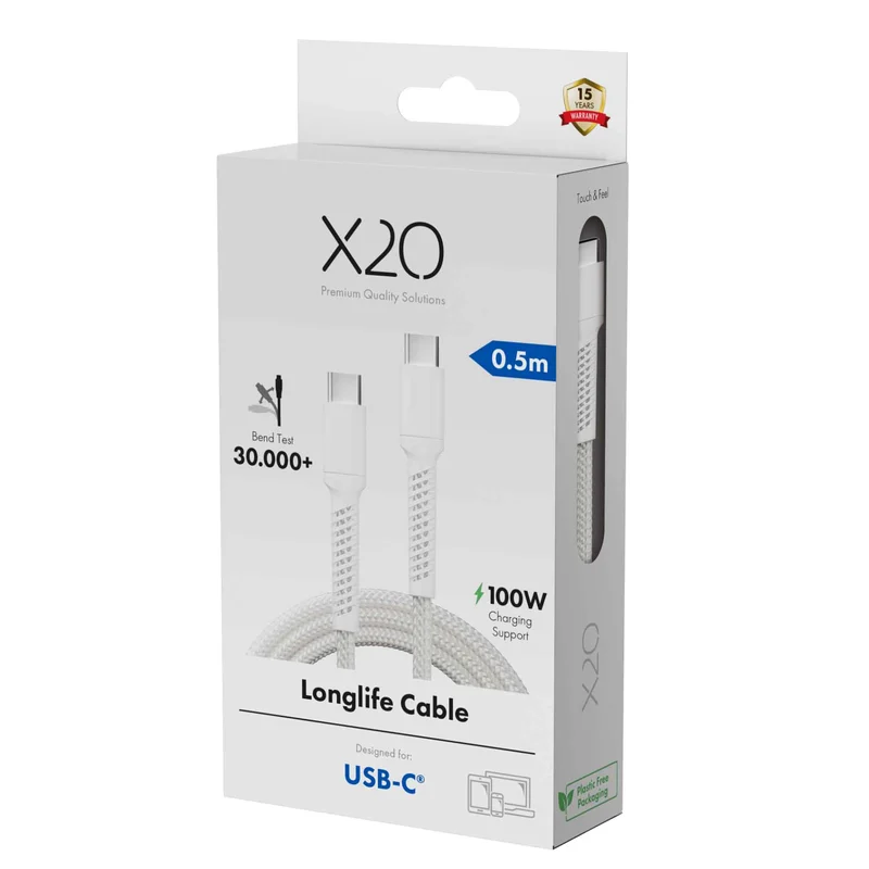 X2O Longlife 100 W USB-C/C-kabel 0,5 m vit - 3401024