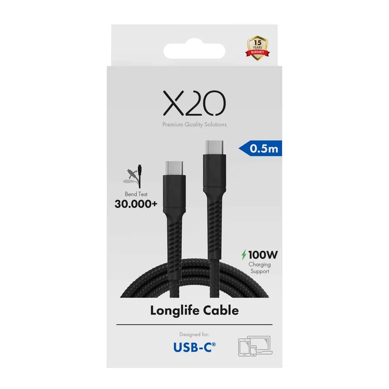 X2O Longlife 100 W USB-C/C-kabel 0,5 m svart - 3401025