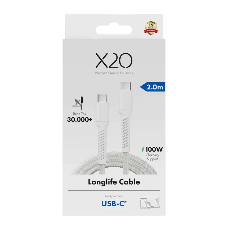 X2O Longlife 100W USB-C/C-kabel 2 m vit - 3401028