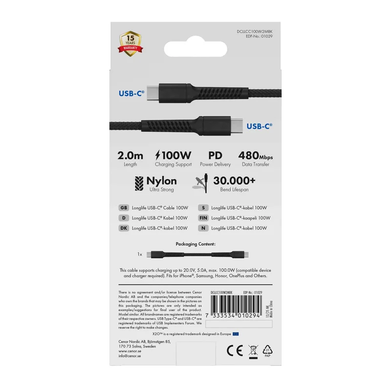 X2O Longlife 100W USB-C/C-kabel 2 m svart - 3401029