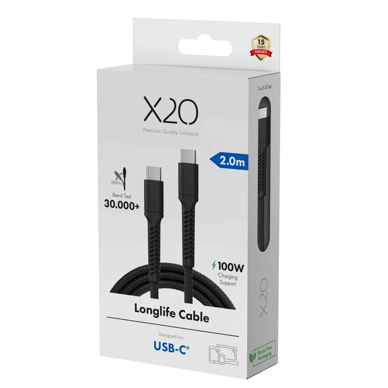 X2O Longlife 100W USB-C/C-kabel 2 m svart - 3401029