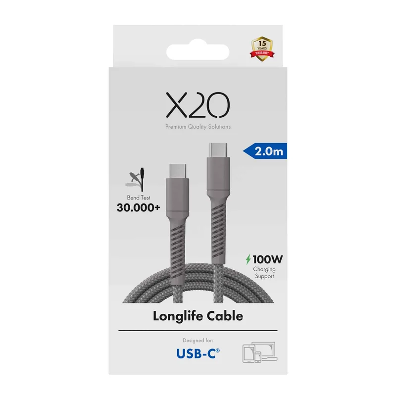 X2O Longlife 100W USB-C/C-kabel 2 m titangrå - 3401030