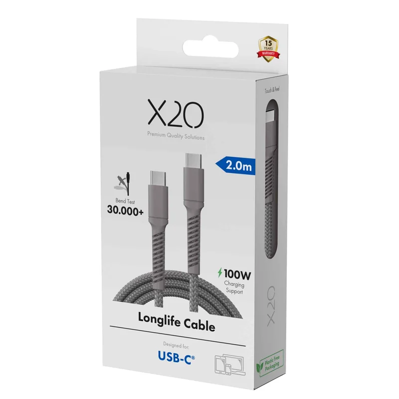 X2O Longlife 100W USB-C/C-kabel 2 m titangrå - 3401030