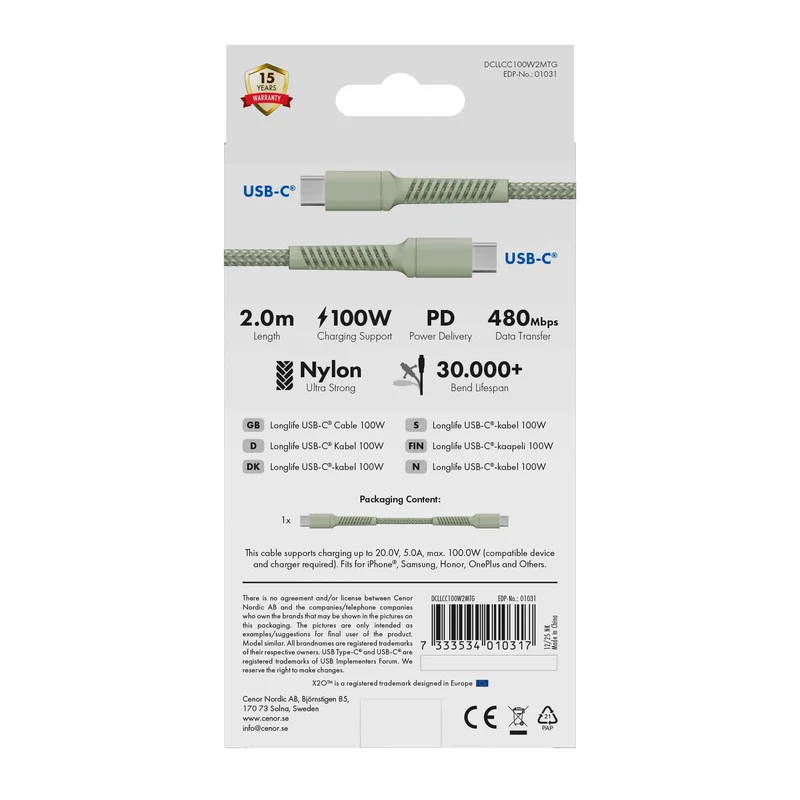 X2O Longlife 100W USB-C/C-kabel 2 m salvia - 3401031