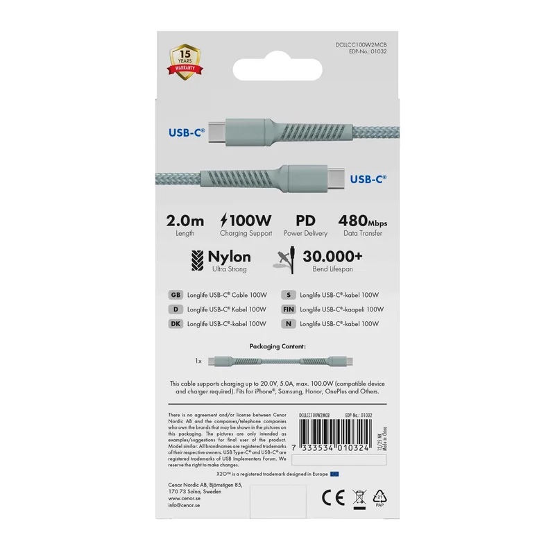 X2O Longlife 100W USB-C/C-kabel 2 m molnblå - 3401032
