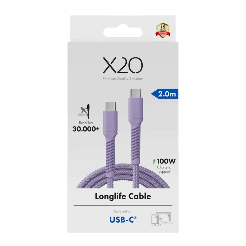 X2O Longlife 100W USB-C/C-kabel 2 m lavendel - 3401033