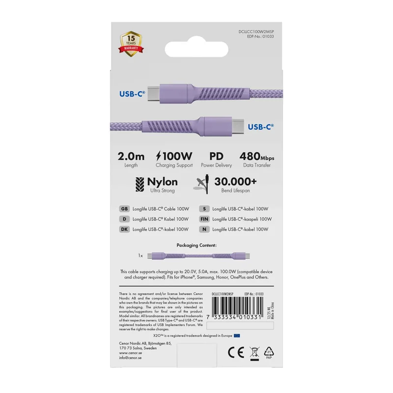 X2O Longlife 100W USB-C/C-kabel 2 m lavendel - 3401033