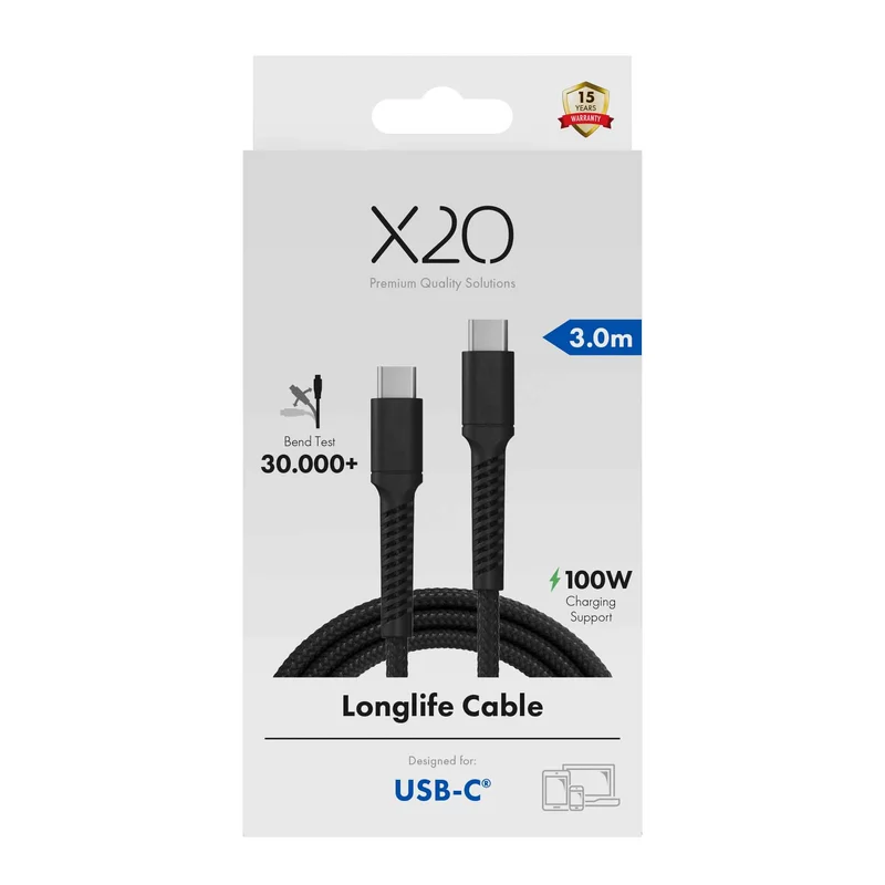 X2O Longlife 100W USB-C/C-kabel 3 m svart - 3401035