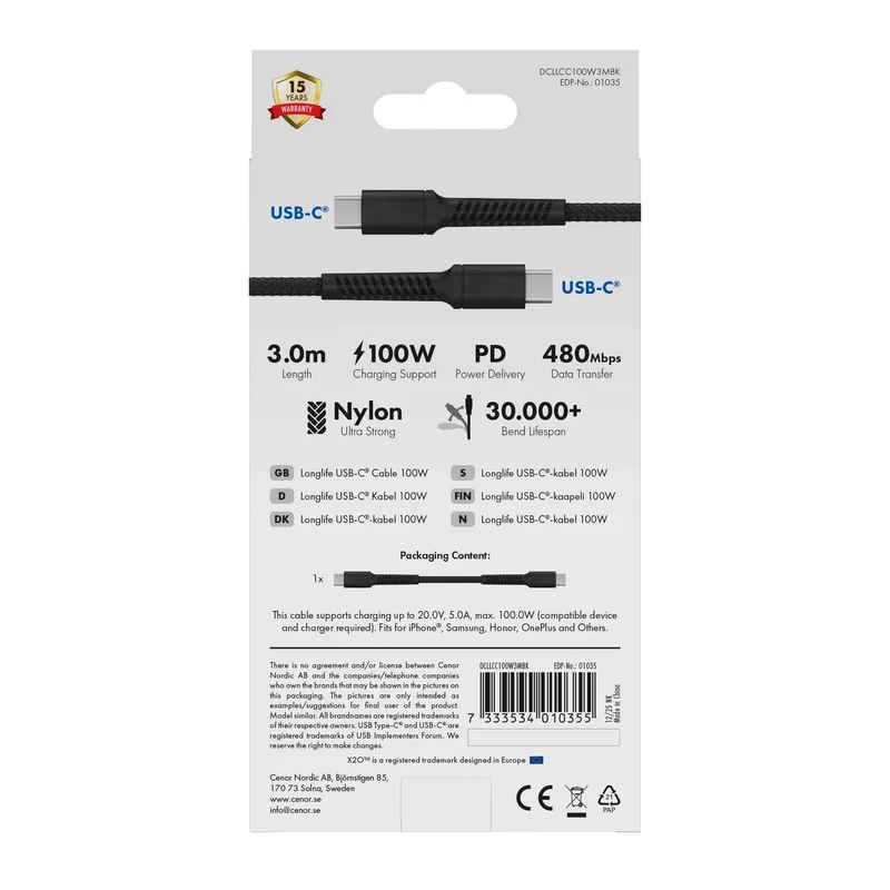 X2O Longlife 100W USB-C/C-kabel 3 m svart - 3401035