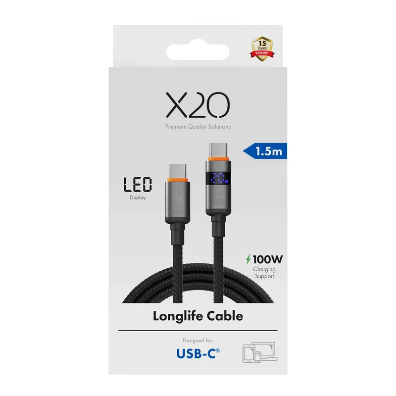 X2O Longlife LED-display 100W USB-C/C-kabel 1,5 m svart - 3401036