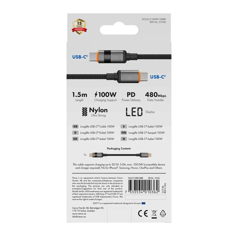 X2O Longlife LED-display 100W USB-C/C-kabel 1,5 m svart - 3401036