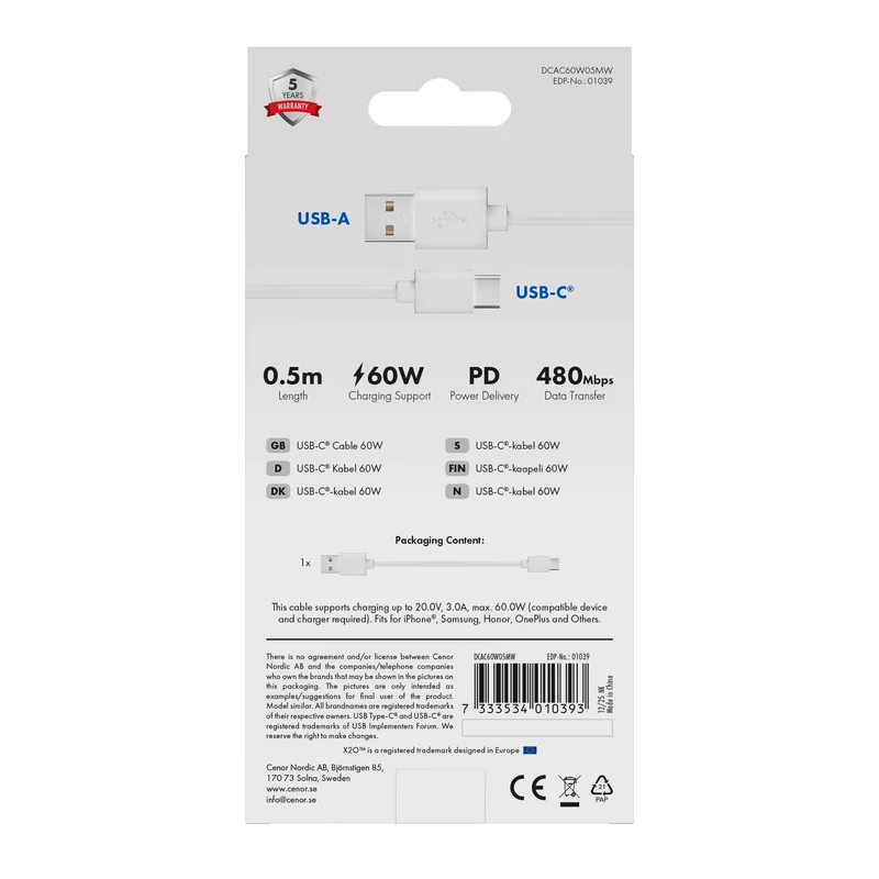 X2O Basic USB-A/C 60W-kabel 0,5 m vit - 3401039