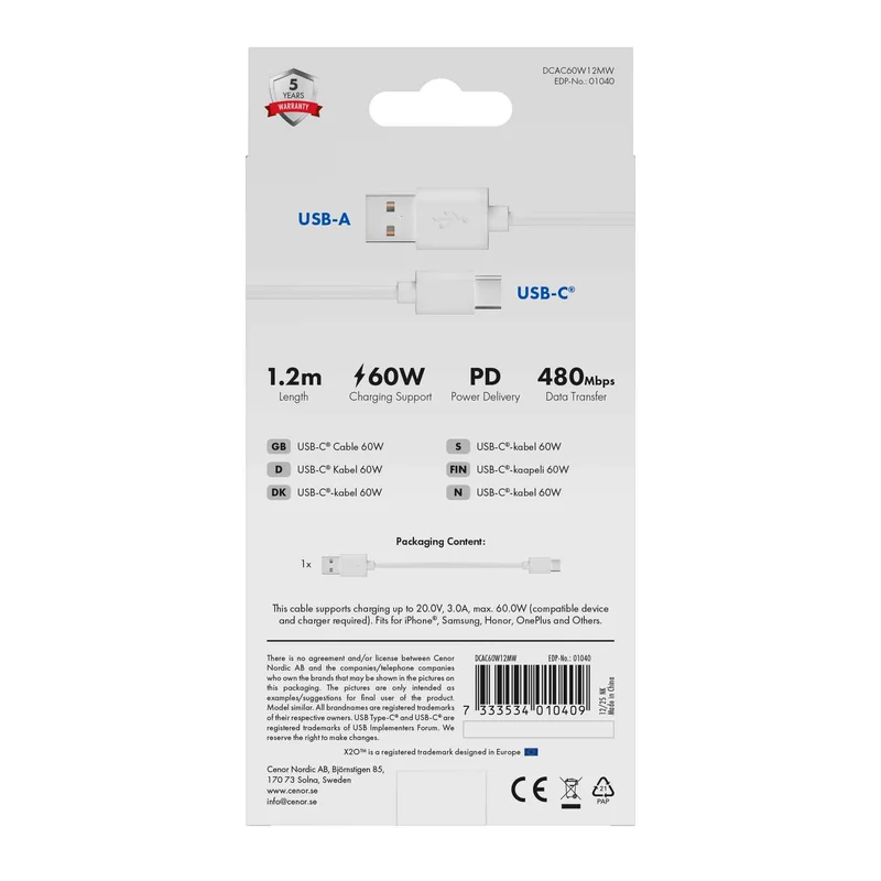 X2O Basic USB-A/C 60W-kabel 1,2 m vit - 3401040