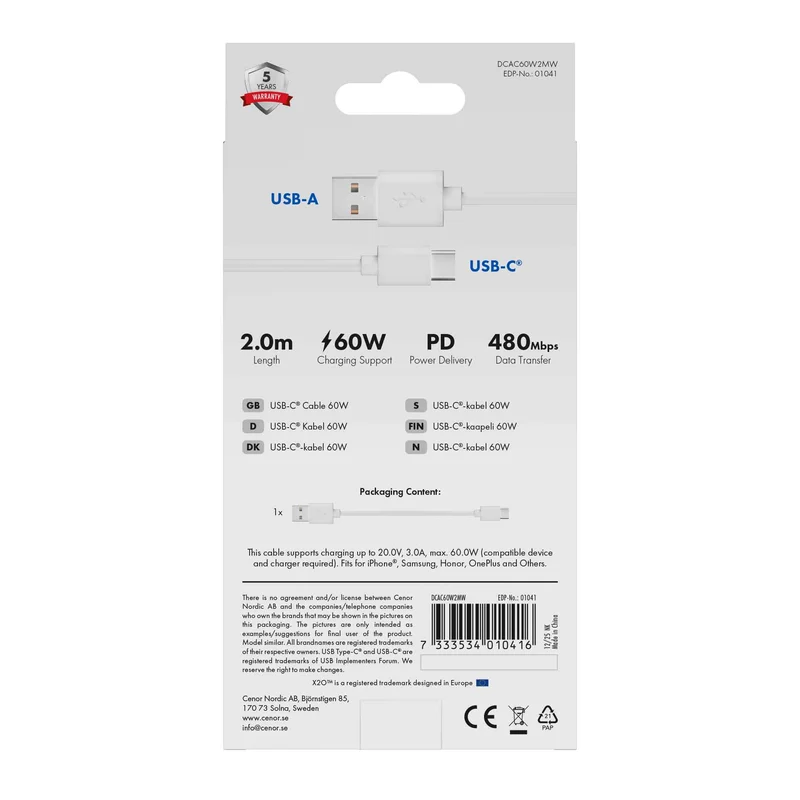 X2O Basic USB-A/C 60W-kabel 2 m vit - 3401041