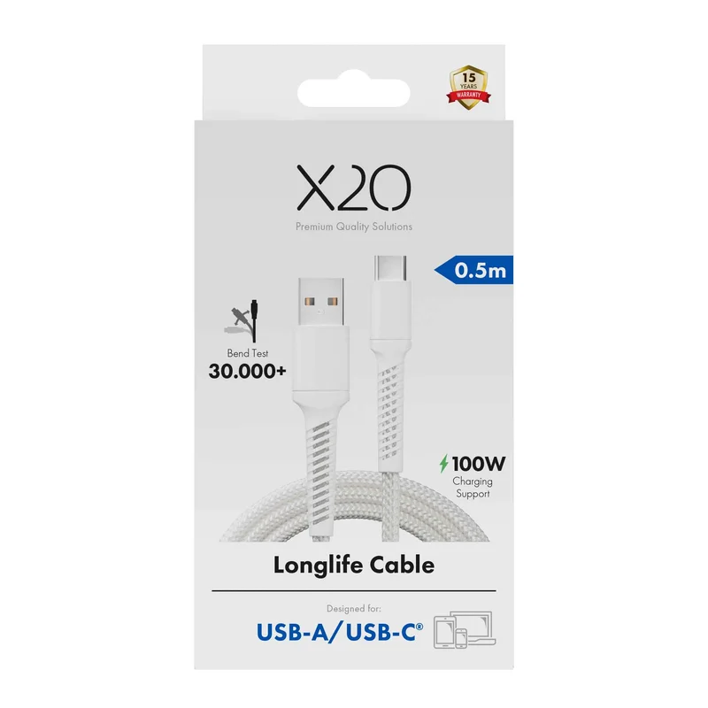 X2O Longlife 60W USB-A/C-kabel 0,5 m vit - 3401042