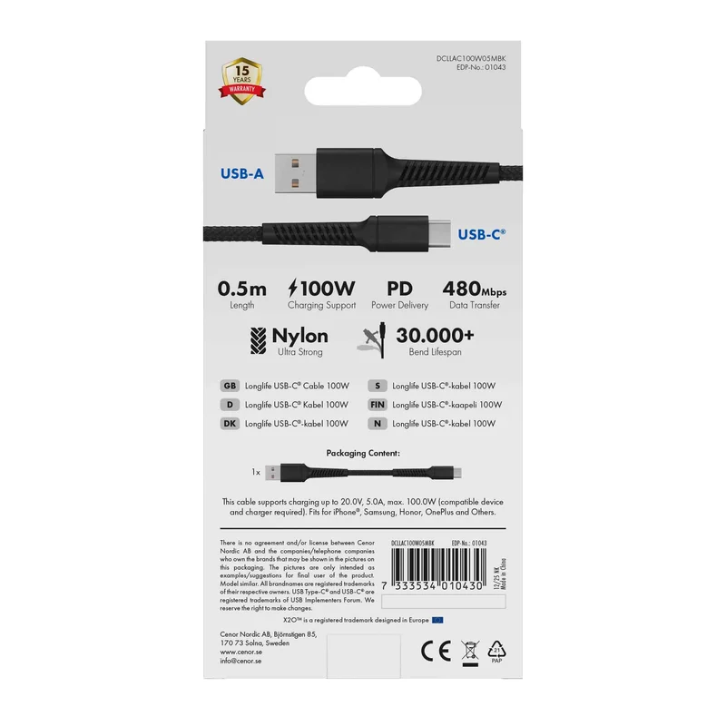 X2O Longlife 60W USB-A/C-kabel 0,5 m svart - 3401043