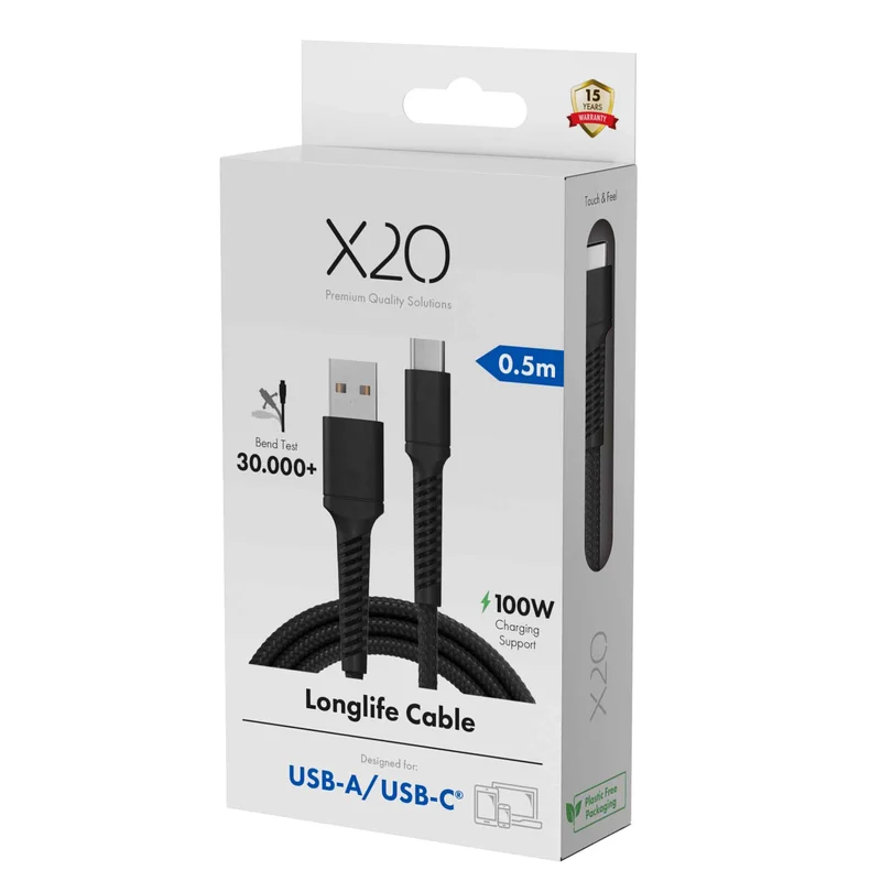 X2O Longlife 60W USB-A/C-kabel 0,5 m svart - 3401043