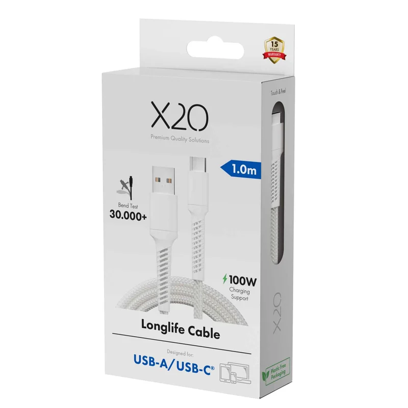 X2O Longlife 60W USB-A/C-kabel 1 m vit - 3401044