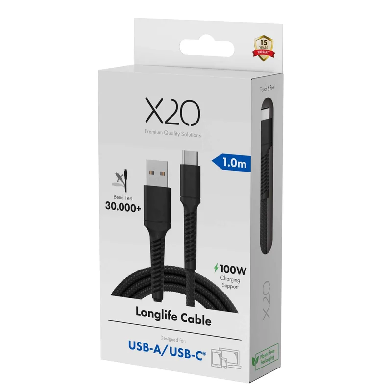 X2O Longlife 60W USB-A/C-kabel 1 m svart - 3401045