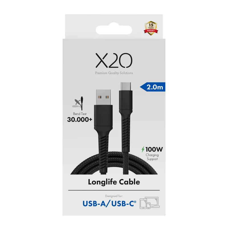 X2O Longlife 60W USB-A/C-kabel 2 m svart - 3401047