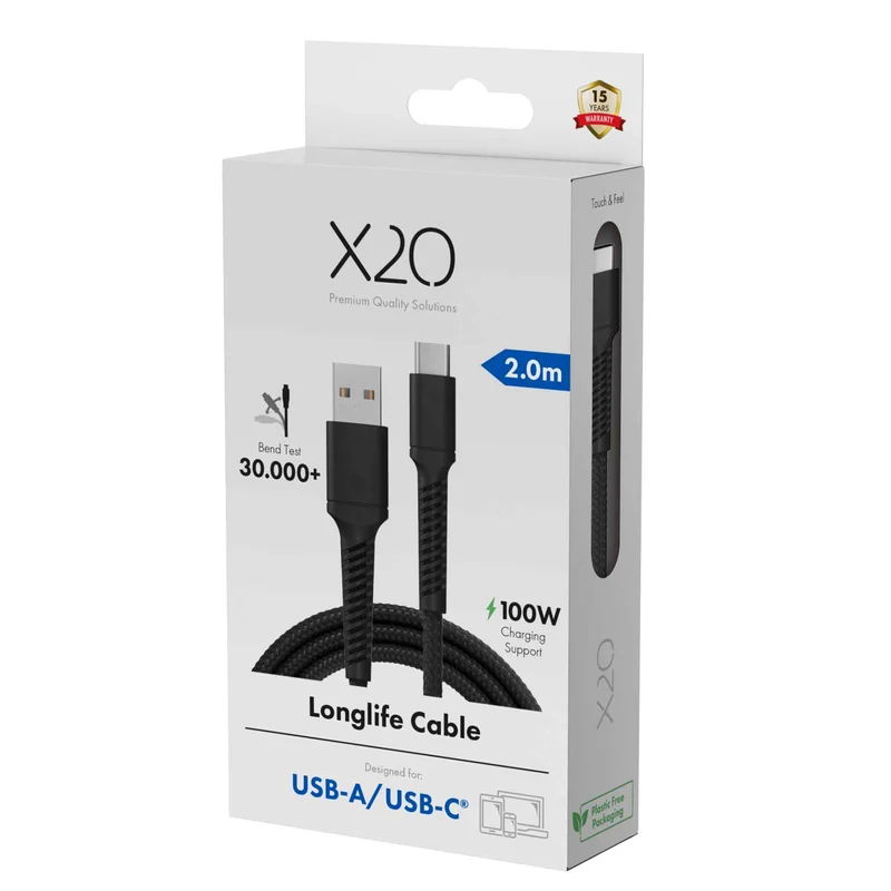 X2O Longlife 60W USB-A/C-kabel 2 m svart - 3401047