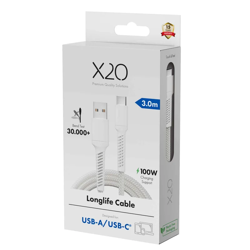 X2O Longlife 60W USB-A/C-kabel 3 m vit - 3401048
