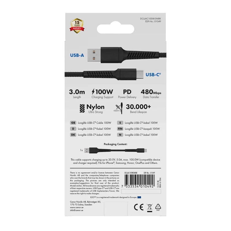 X2O Longlife 60W USB-A/C-kabel 3 m svart - 3401049